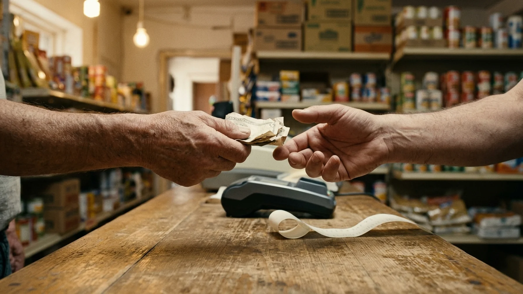 A small shop counter with a cashier handing banknotes to a customer, a card terminal and a receipt visible on the counter