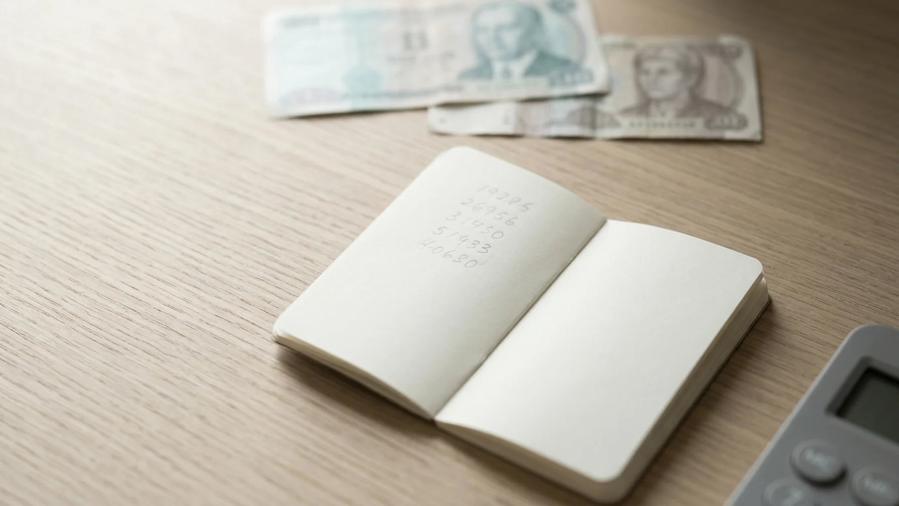 Two currency notes of different countries lying on a plain desk beside a handwritten column of figures, with a phone calculator partly in frame