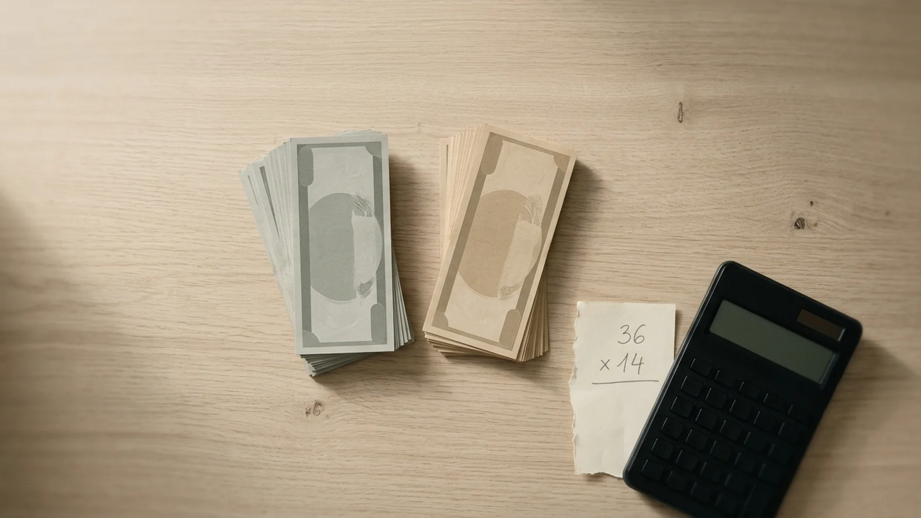 Two stacks of banknotes in different currencies on a wooden desk beside a calculator and a handwritten note, lit by soft window light.