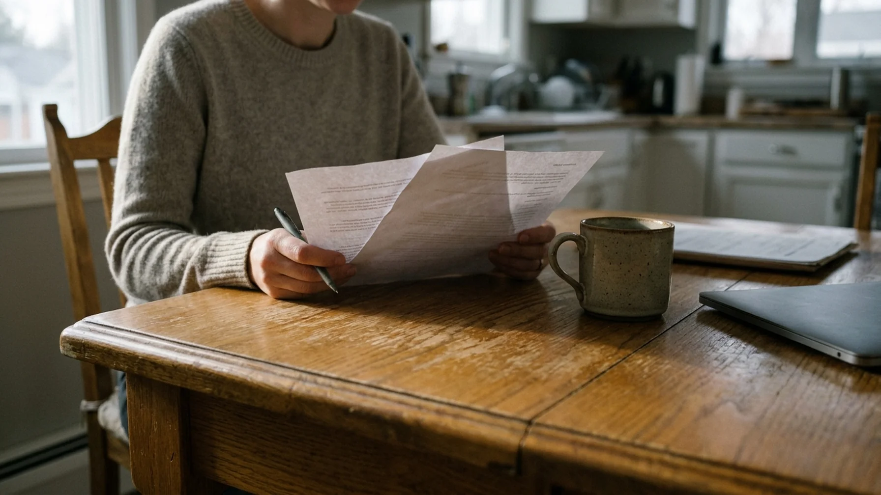 A person at a kitchen table reading a printed document with a pen in hand and a laptop closed to the side