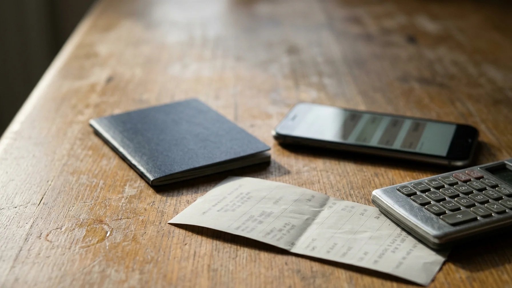 A kitchen table with a printed transfer receipt, a calculator and a passport beside a phone showing a currency conversion, morning light from a window